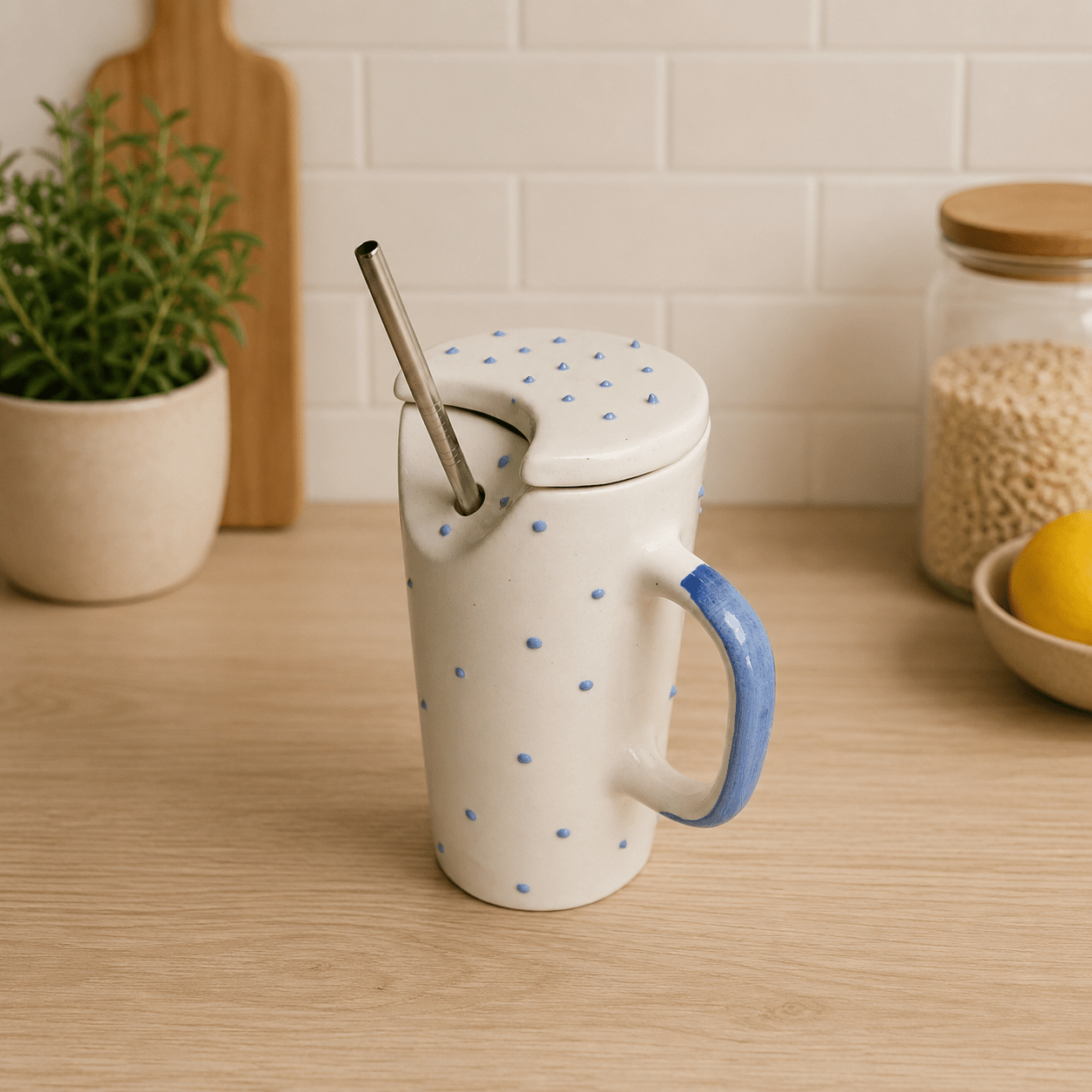 Azure Ceramic Sipper with Steel Straw | Reusable Ceramic Travel Cup – Gift Hampers on Brown Living™. SKU: RKH-17. Img 5.