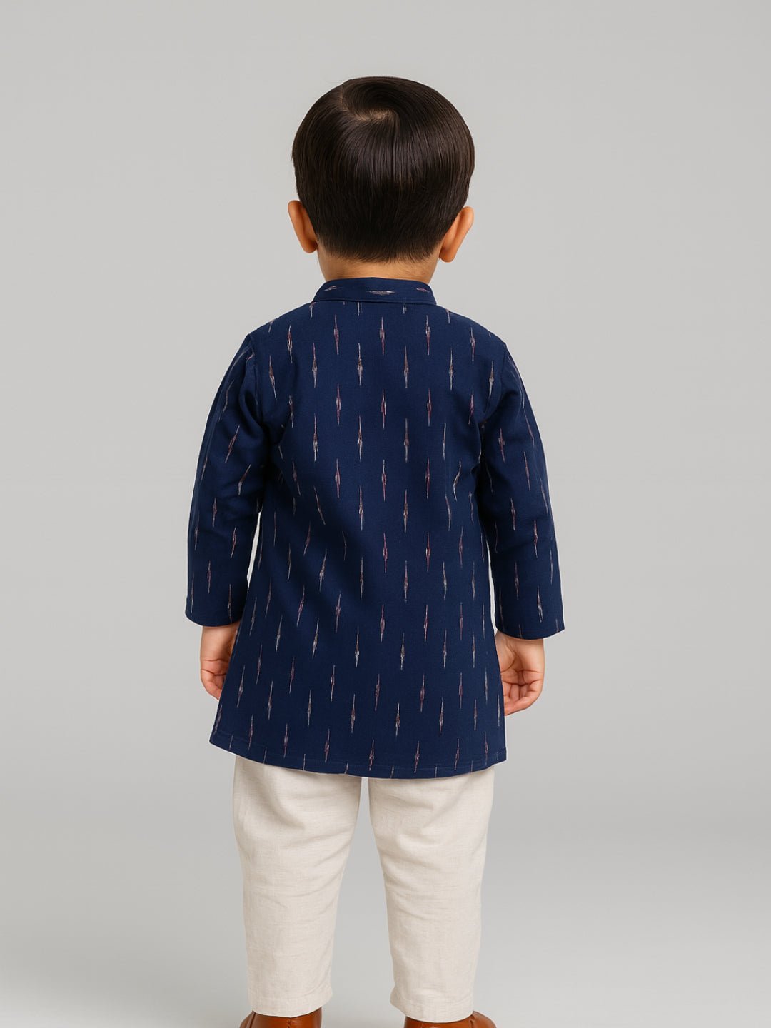 Baby Boys Blue Printed Kurta Set with Mandarin Collar (6–18 Months) – Kids Ethnic Sets on Brown Living™. SKU: BLP-KPF-BLU_6-12M. Img 5.