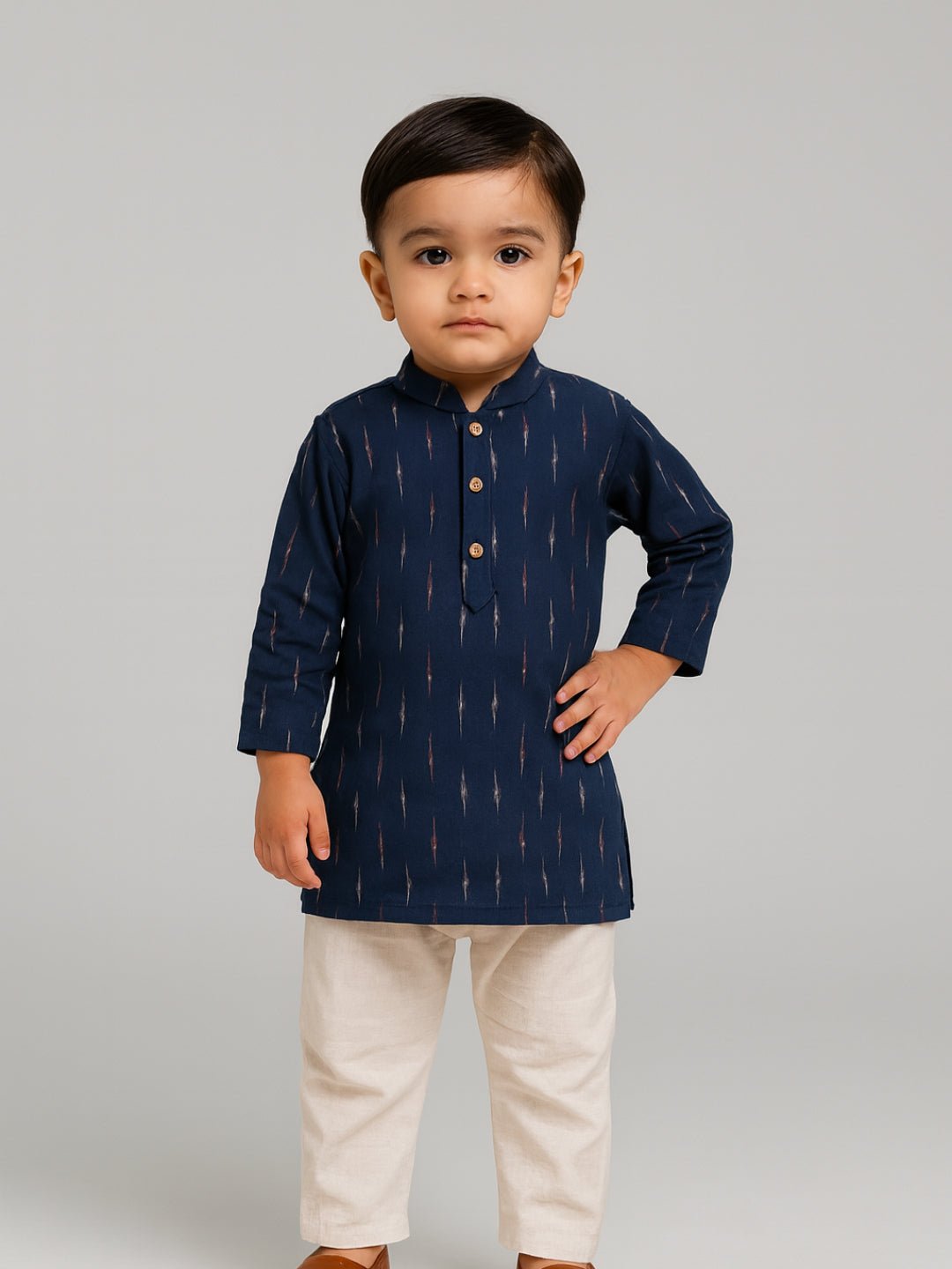 Baby Boys Blue Printed Kurta Set with Mandarin Collar (6–18 Months) – Kids Ethnic Sets on Brown Living™. SKU: BLP-KPF-BLU_6-12M. Img 3.