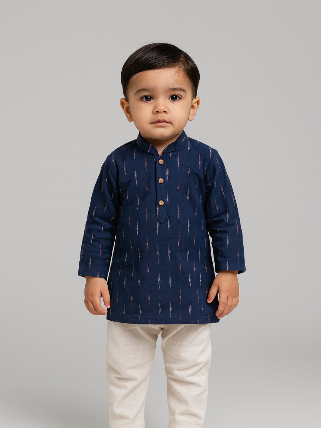 Baby Boys Blue Printed Kurta Set with Mandarin Collar (6–18 Months) – Kids Ethnic Sets on Brown Living™. SKU: BLP-KPF-BLU_6-12M. Img 1.