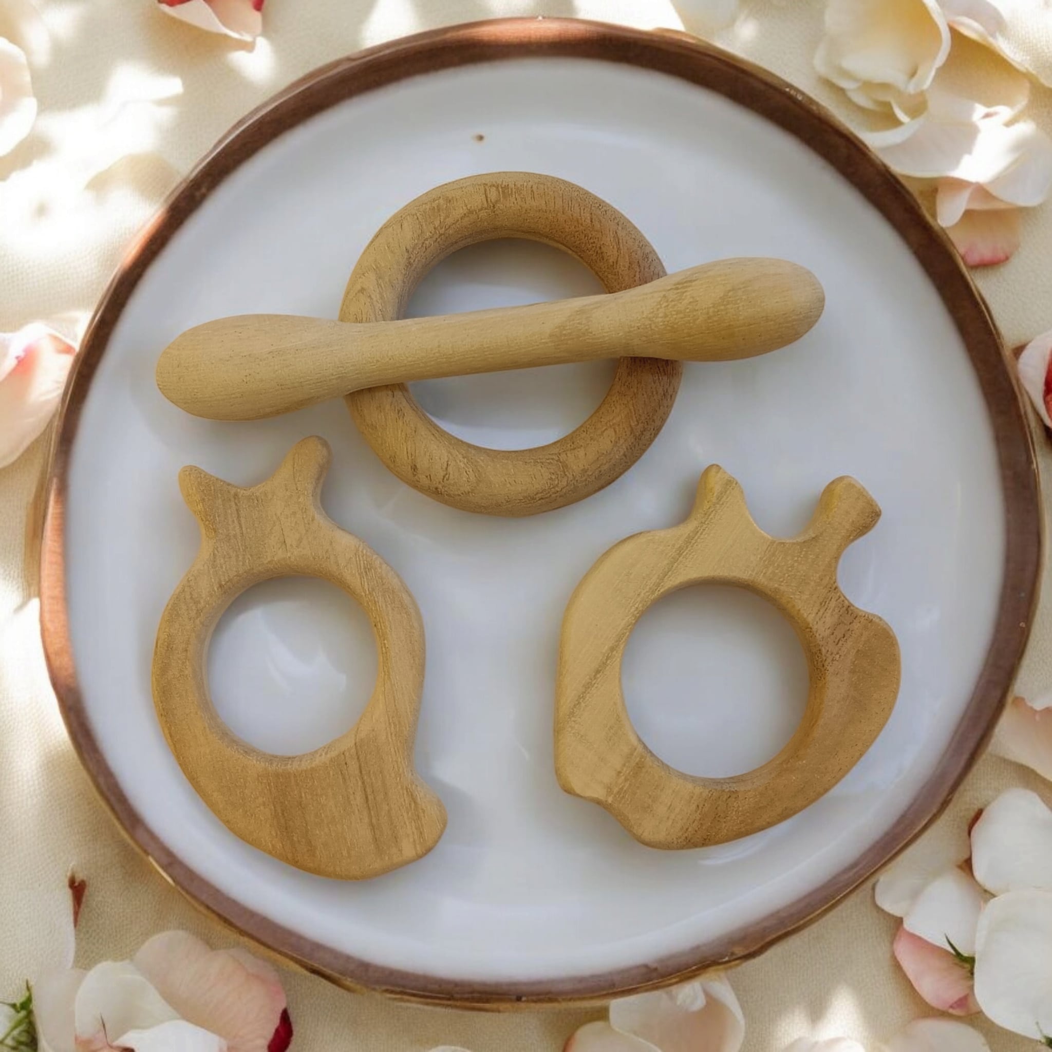 Baby Neem Wooden Teethers – Apple, Mango, Dumbbell & Ring Shapes – Baby Teethers & Soothers on Brown Living™. SKU: T_APL-MNG-DBL-RNG. Img 2.