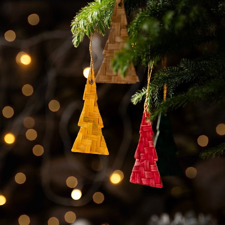 Bamboo Christmas Tree Hanging | Handmade Festive Ornaments | Set of 5 – Home Decor on Brown Living™. SKU: OBDE-558. Img 1.