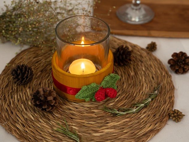 Bamboo & Crochet Holly Tea Light Holder | Handcrafted Christmas Decor – Home Decor on Brown Living™. SKU: TL-770. Img 17.