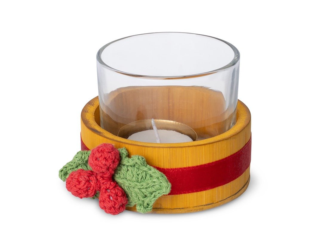 Bamboo & Crochet Holly Tea Light Holder | Handcrafted Christmas Decor – Home Decor on Brown Living™. SKU: TL-770. Img 4.