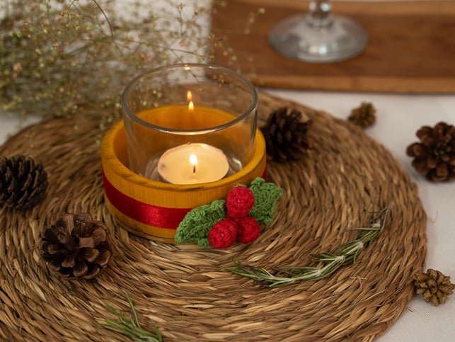 Bamboo & Crochet Holly Tea Light Holder | Handcrafted Christmas Decor – Home Decor on Brown Living™. SKU: TL-770. Img 15.