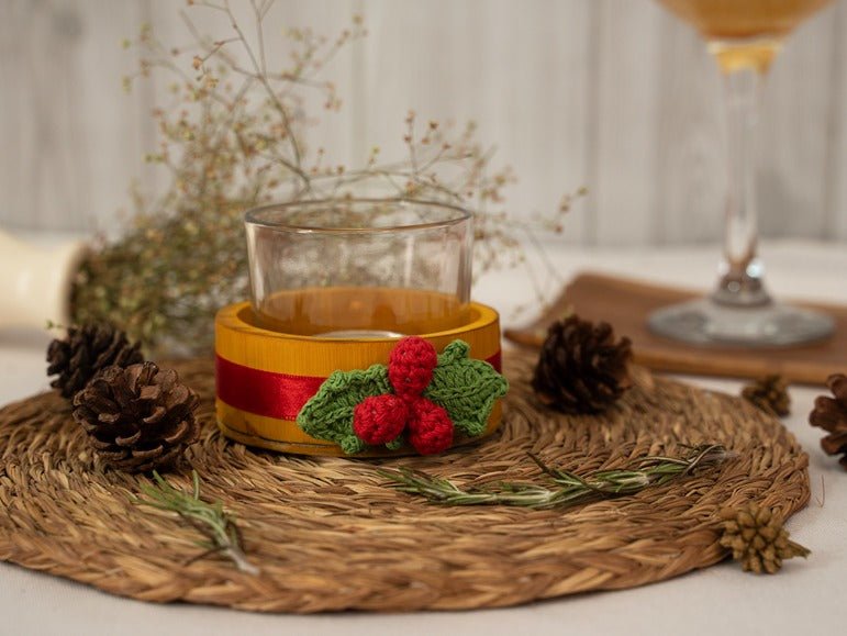 Bamboo & Crochet Holly Tea Light Holder | Handcrafted Christmas Decor – Home Decor on Brown Living™. SKU: TL-770. Img 14.