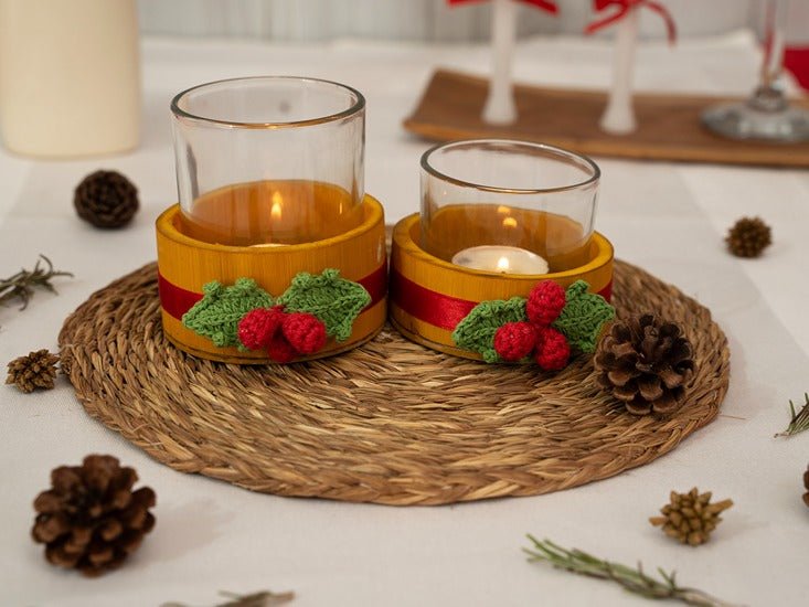 Bamboo & Crochet Holly Tea Light Holder | Handcrafted Christmas Decor – Home Decor on Brown Living™. SKU: TL-770. Img 11.