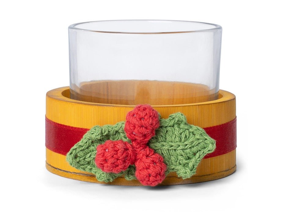 Bamboo & Crochet Holly Tea Light Holder | Handcrafted Christmas Decor – Home Decor on Brown Living™. SKU: TL-770. Img 3.