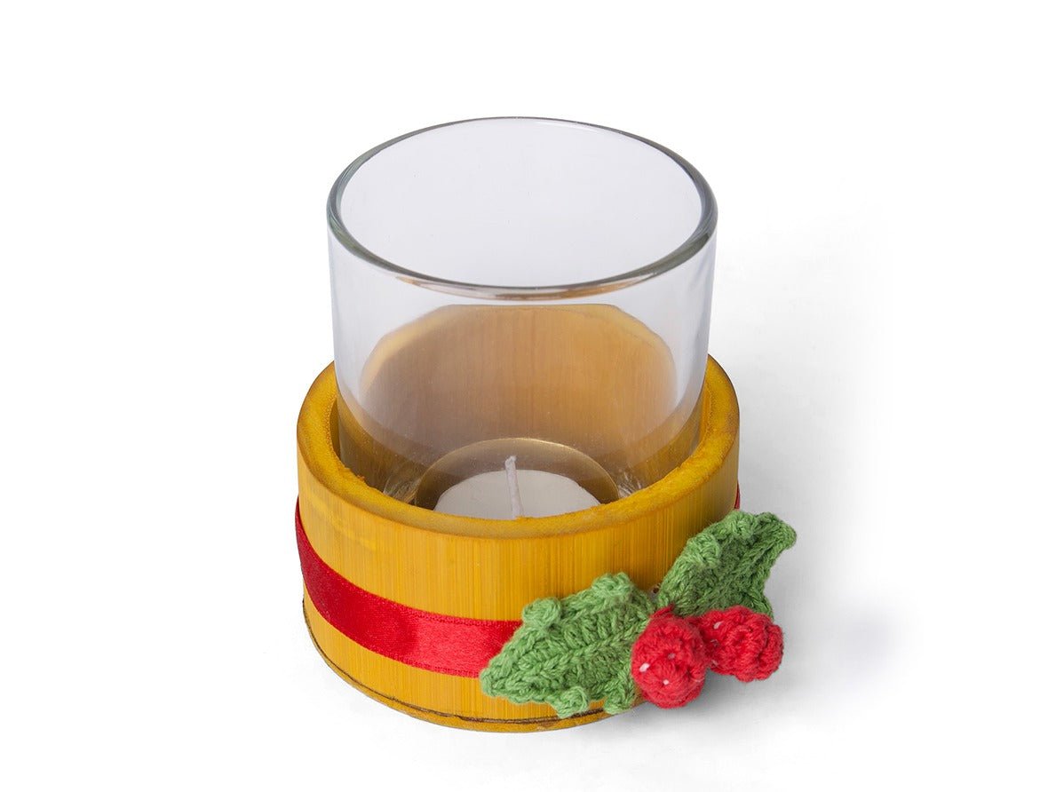 Bamboo & Crochet Holly Tea Light Holder | Handcrafted Christmas Decor – Home Decor on Brown Living™. SKU: TL-770. Img 2.