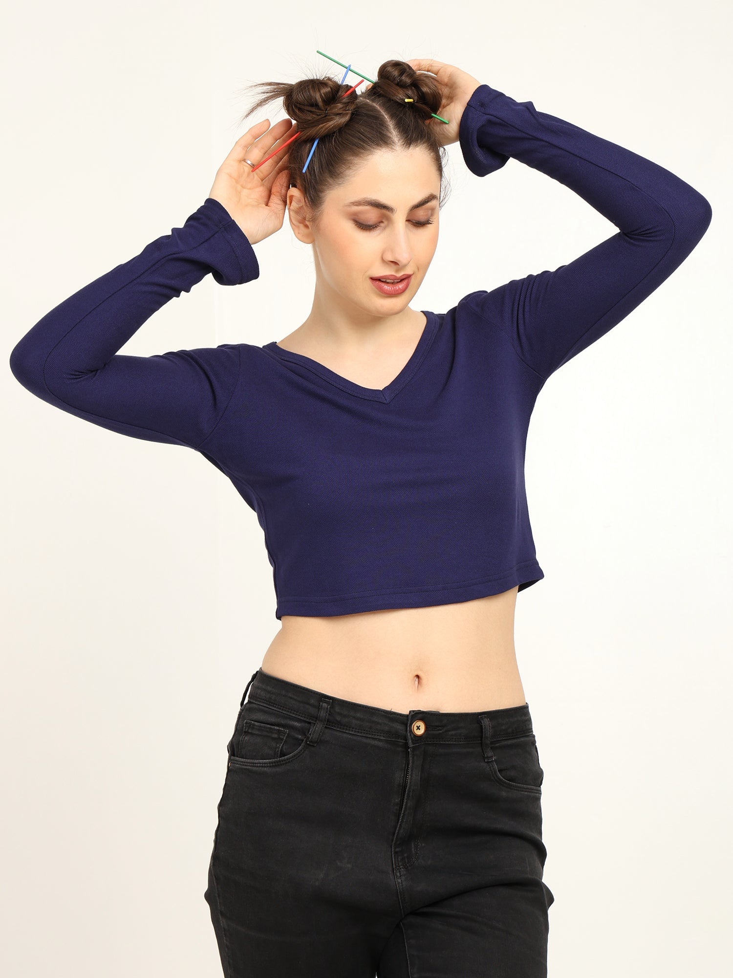Bamboo Crop Top With Bell Sleeves Trendy Gen Z Fashion – Womens Top on Brown Living™. SKU: W-BELL-SLEEVE-TOP-NAVY-S. Img 4.