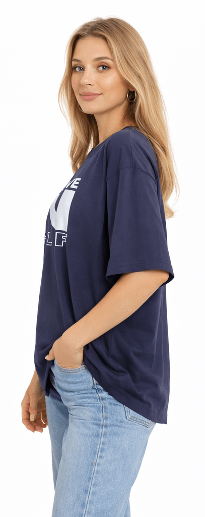 Bamboo Fabric Gen Z Oversized Printed T-Shirt – Soft Streetwear – Womens T-Shirt on Brown Living™. SKU: W-BELIEVE-OVERSIZ-NVY-M. Img 10.