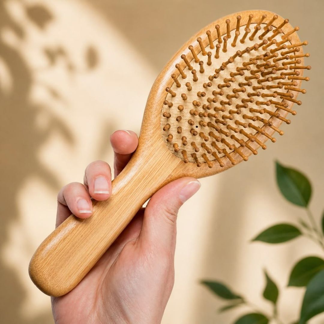 Bamboo Paddle Hair Brush | Eco - Friendly Wooden Hairbrush – Hair Brush on Brown Living™. SKU: hairbrushoval. Img 1.