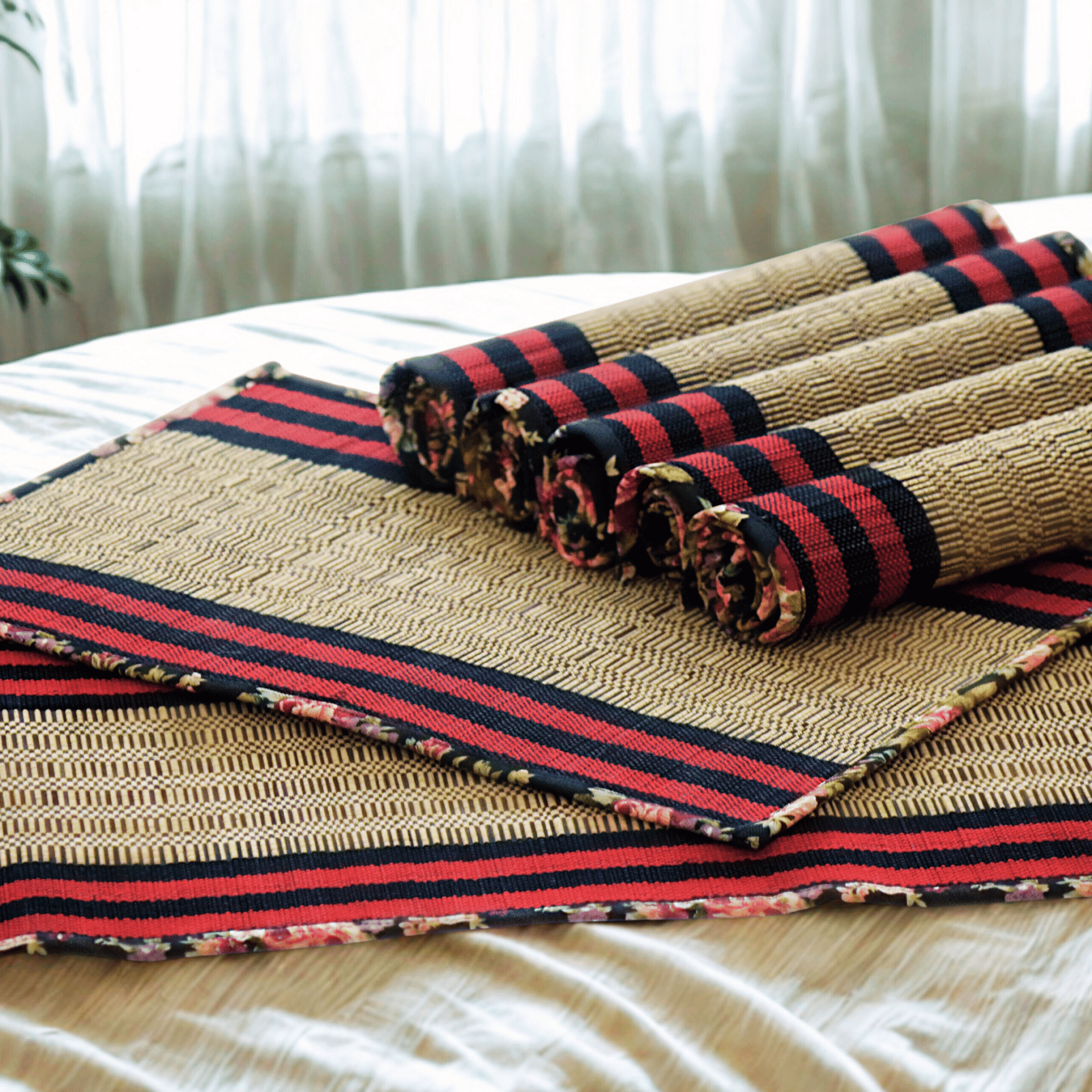 Bamboo Placemats Floral Canvas Border – Eco Friendly Table Mats – Table Linens on Brown Living™. SKU: SK-BPM-NBL-06-CFL. Img 1.