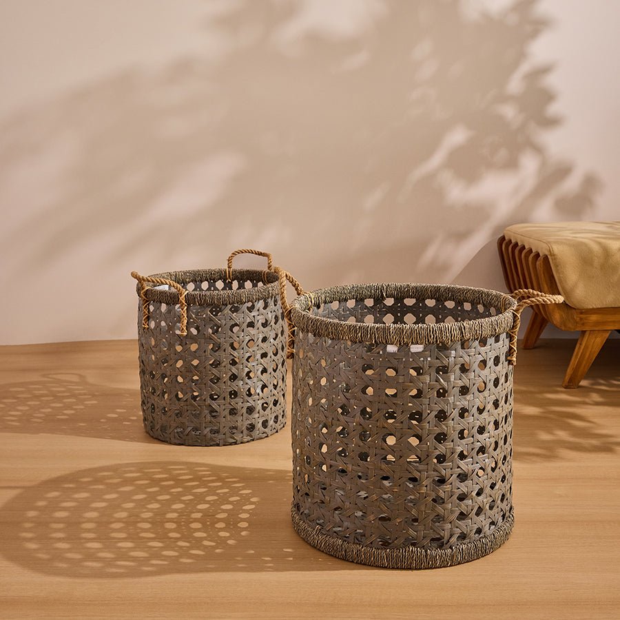Bamboo Rope Handle Basket | Grey Wash Finish | Handwoven Storage Baske – Baskets & Boxes on Brown Living™. SKU: RattanRopeHandlePlanterGreyWashSmall. Img 1.
