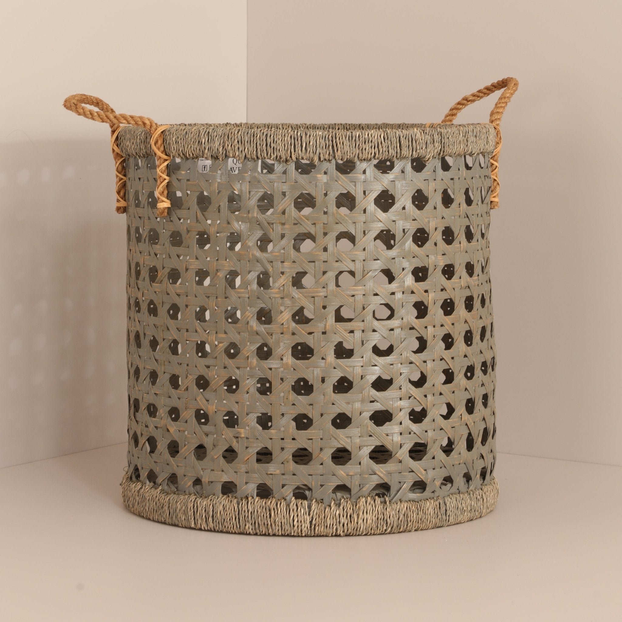 Bamboo Rope Handle Basket | Grey Wash Finish | Handwoven Storage Baske – Baskets & Boxes on Brown Living™. SKU: RattanRopeHandlePlanterGreyWashSmall. Img 3.