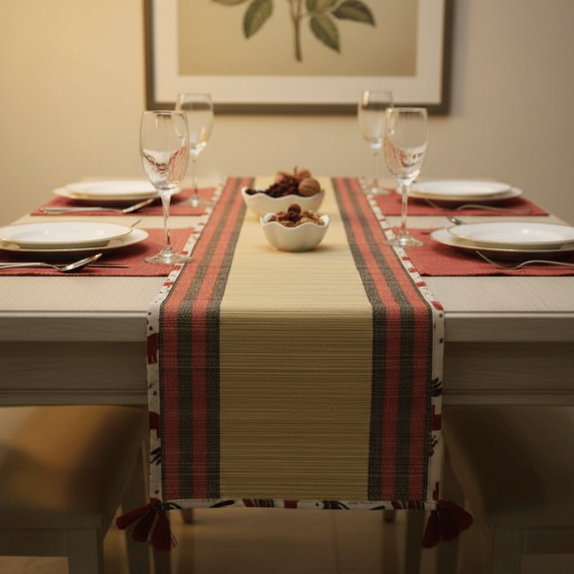 Bamboo Table Runner Elephant Print Canvas Border – Eco Table Decor – Table Linens on Brown Living™. SKU: SK-TBR-NBG-02-CEP. Img 1.