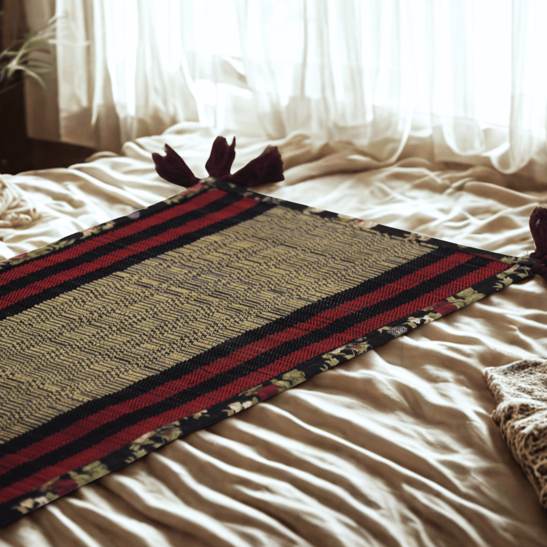 Bamboo Table Runner Floral Canvas Edge with Red Funde Decor – Table Linens on Brown Living™. SKU: SK-TBR-NBL-01-CFL-1. Img 3.
