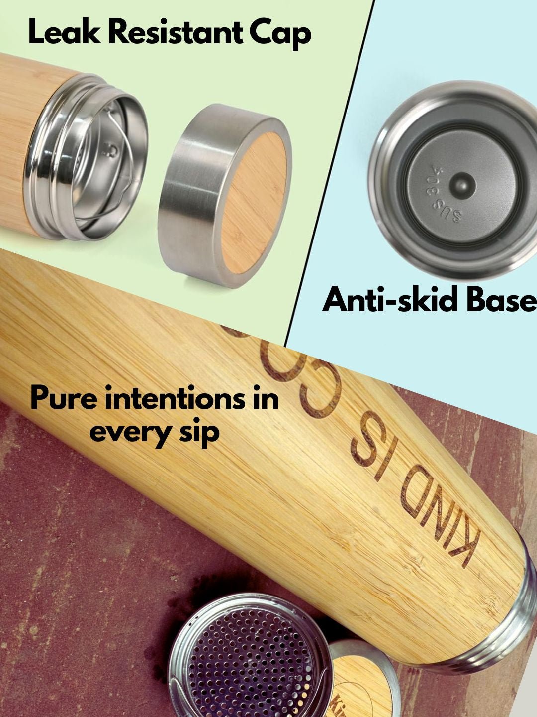 Bamboo Water Bottle with Mindful Words – Bottles & Sippers on Brown Living™. SKU: KOE022-BT-KC. Img 5.