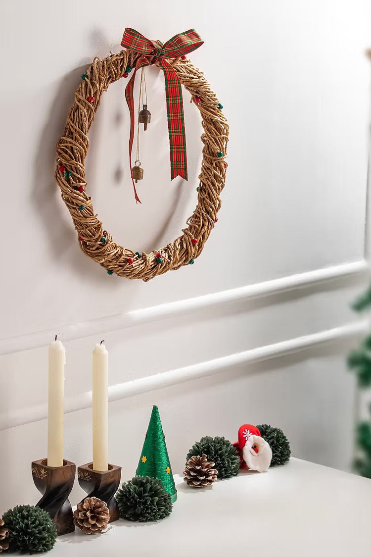 Banana Rope Plaid Bow Bell Wreath | Handcrafted Festive Decor – Home Decor on Brown Living™. SKU: WR-1064. Img 1.