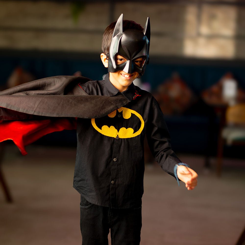 Bat Superhero Chest Icon Embroidered Organic Cotton Shirt - Black – Kids Shirts on Brown Living™. SKU: NANFS005EMB049 - 18M. Img 3.