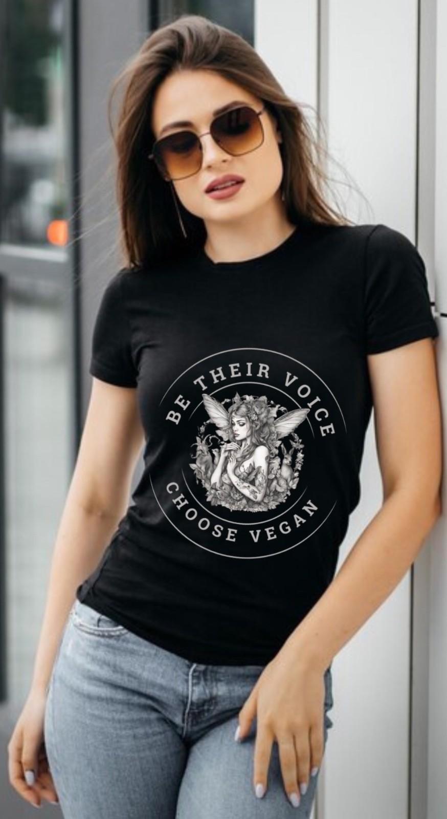 Be Their Voice Choose Vegan T-Shirt | Women's Relaxed Fit Graphic Tee – Womens T-Shirt on Brown Living™. SKU: be-their-voice-choose-vegan-Black-XS. Img 1.