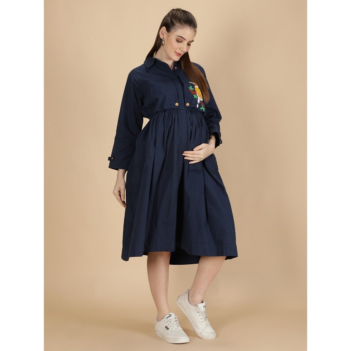 Beaky Hornbill Trench Maternity Dress For Women – Womens Maternity Wear on Brown Living™. SKU: MCBL150-. Img 3.