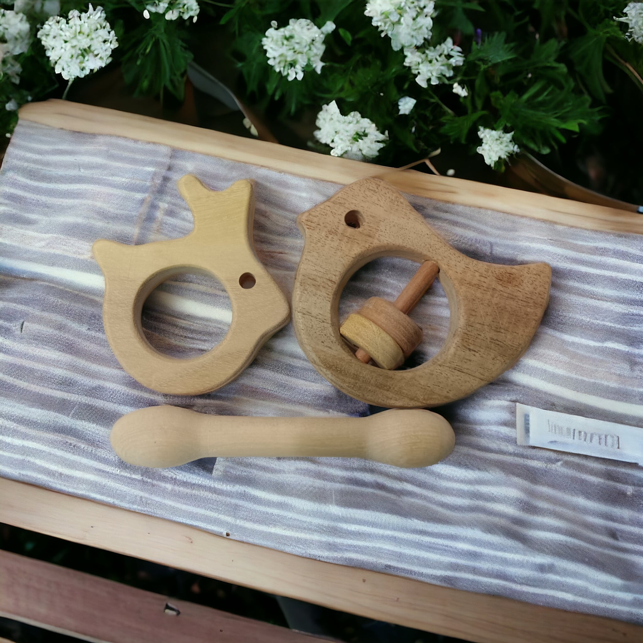 Beautiful Dove Rattle & Dumbbell, Rabbit Shaped Teethers – Wooden Toys on Brown Living™. SKU: RT_DV-DBL-RBT. Img 5.