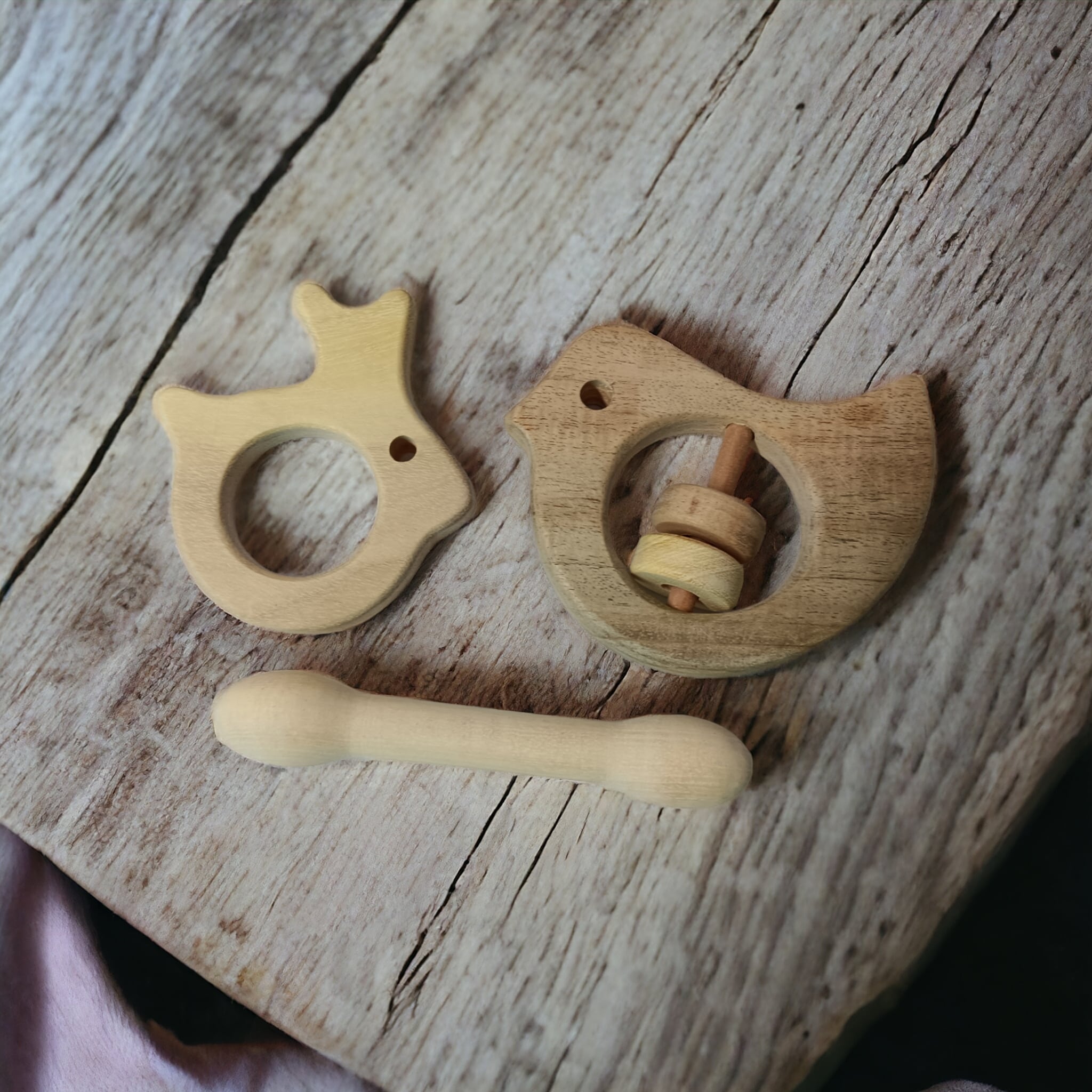 Beautiful Dove Rattle & Dumbbell, Rabbit Shaped Teethers – Wooden Toys on Brown Living™. SKU: RT_DV-DBL-RBT. Img 6.