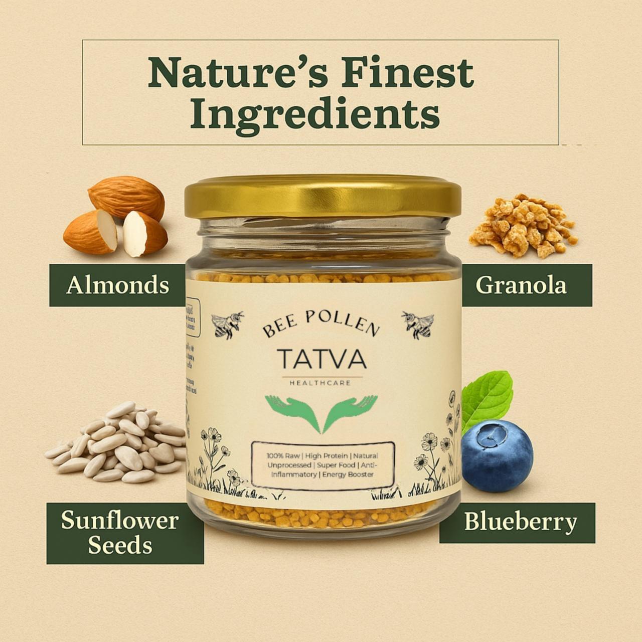 Bee Pollen 100% Raw & Unprocessed – Natural Plant Protein Boost – Aftermeals on Brown Living™. SKU: TAT-BP-100G. Img 3.