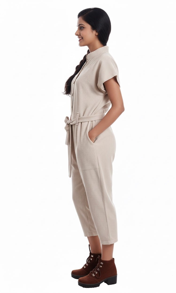 Beige Corduroy Jumpsuit – Trendy & Comfortable Women’s Wear – Womens Jumpsuit on Brown Living™. SKU: JS21001_M. Img 2.