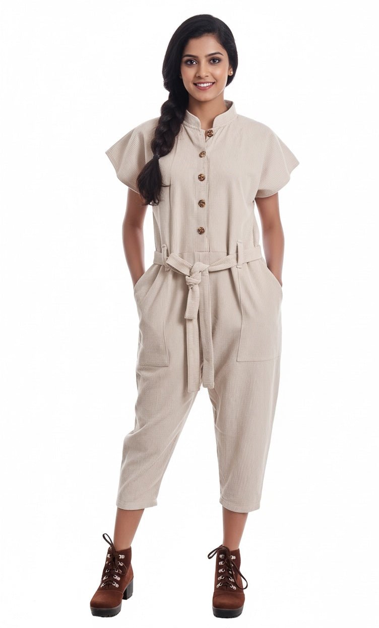 Beige Corduroy Jumpsuit – Trendy & Comfortable Women’s Wear – Womens Jumpsuit on Brown Living™. SKU: JS21001_M. Img 1.