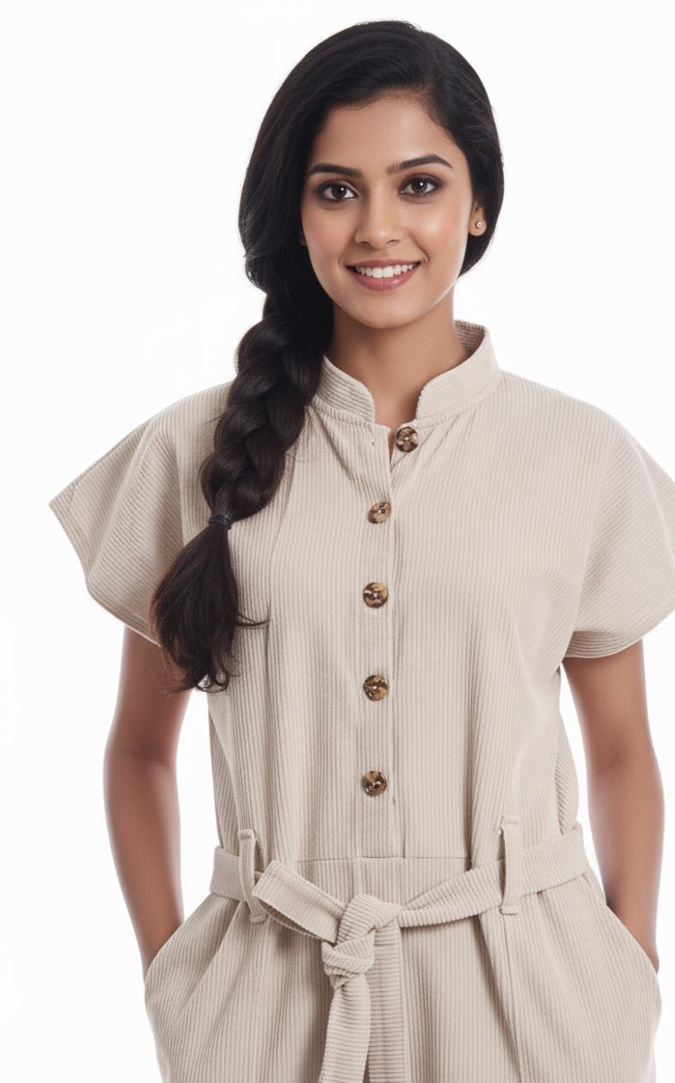 Beige Corduroy Jumpsuit – Trendy & Comfortable Women’s Wear – Womens Jumpsuit on Brown Living™. SKU: JS21001. Img 4.