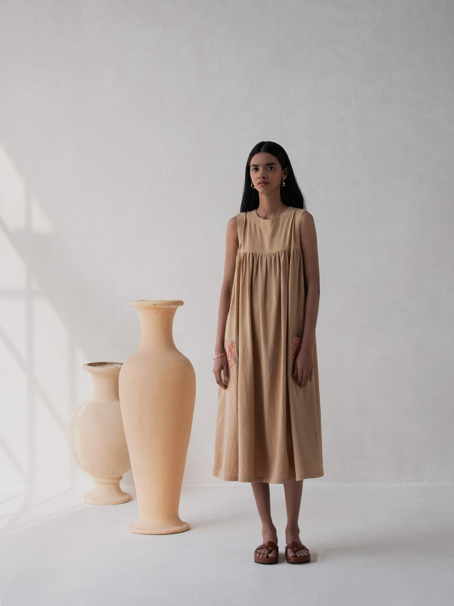 Beige Flared Gathered Cotton Dress for Women – Womens Dress on Brown Living™. SKU: DCSS25D05S. Img 4.