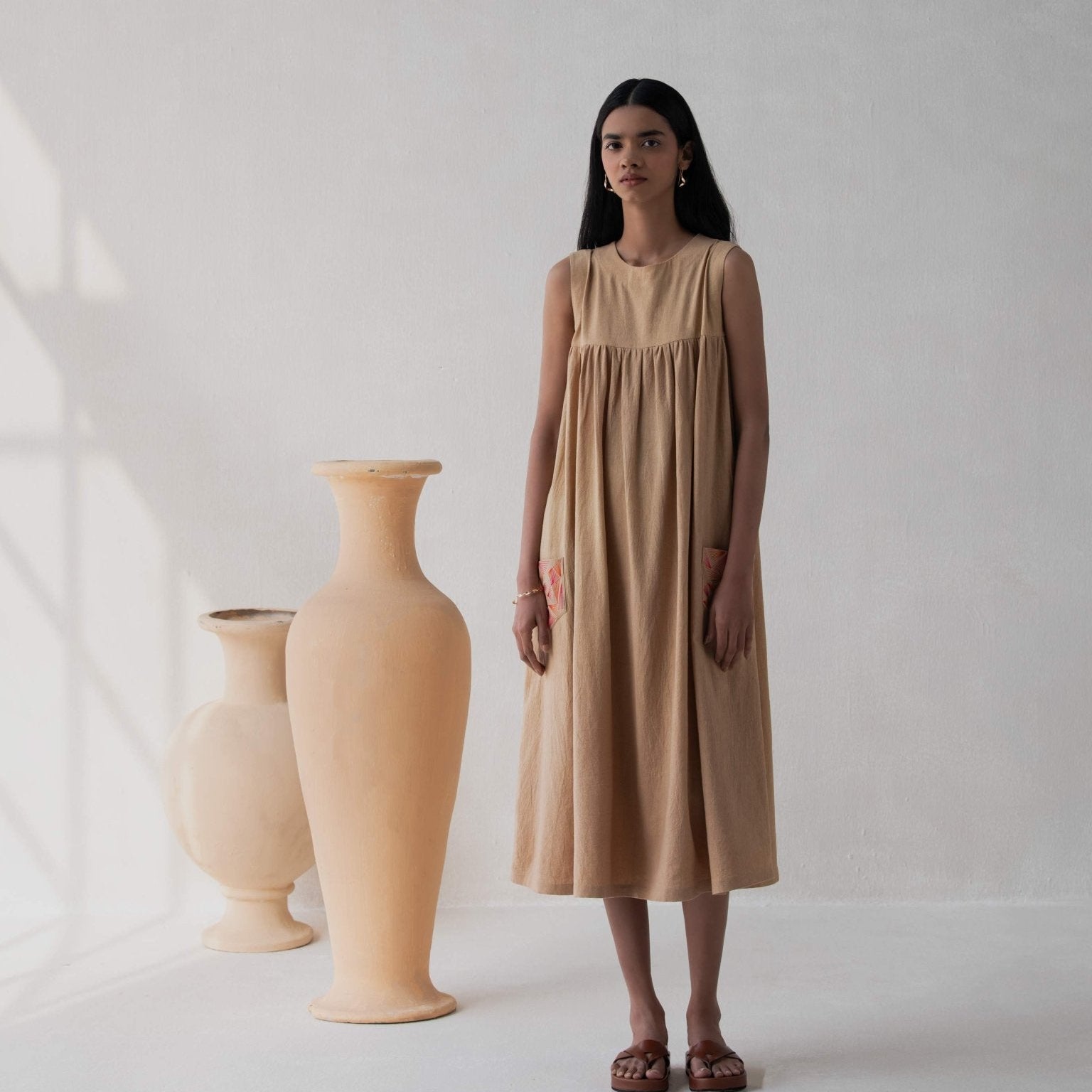 Beige Flared Gathered Cotton Dress for Women – Womens Dress on Brown Living™. SKU: DCSS25D05S. Img 4.