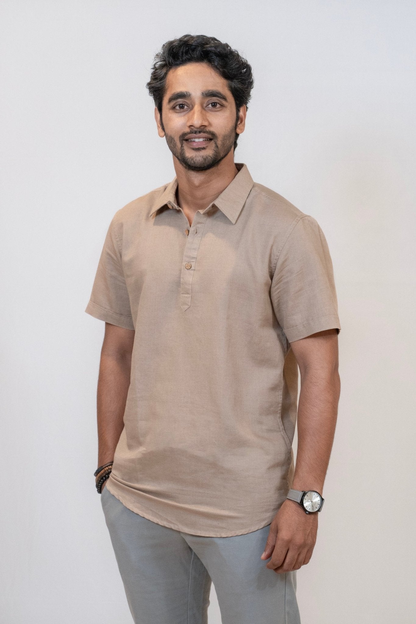 Beige Linen Cotton Classic Half - Sleeved Shirt for Men – Mens Shirt on Brown Living™. SKU: ANTLCCLFBTKS. Img 2.