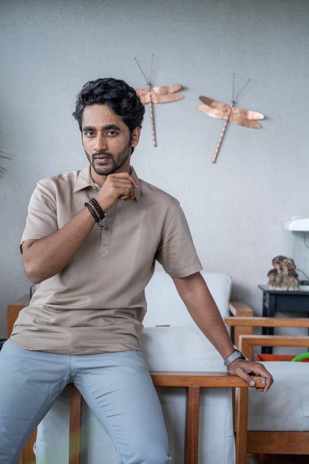 Beige Linen Cotton Classic Half - Sleeved Shirt for Men – Mens Shirt on Brown Living™. SKU: ANTLCCLFBTKS. Img 5.