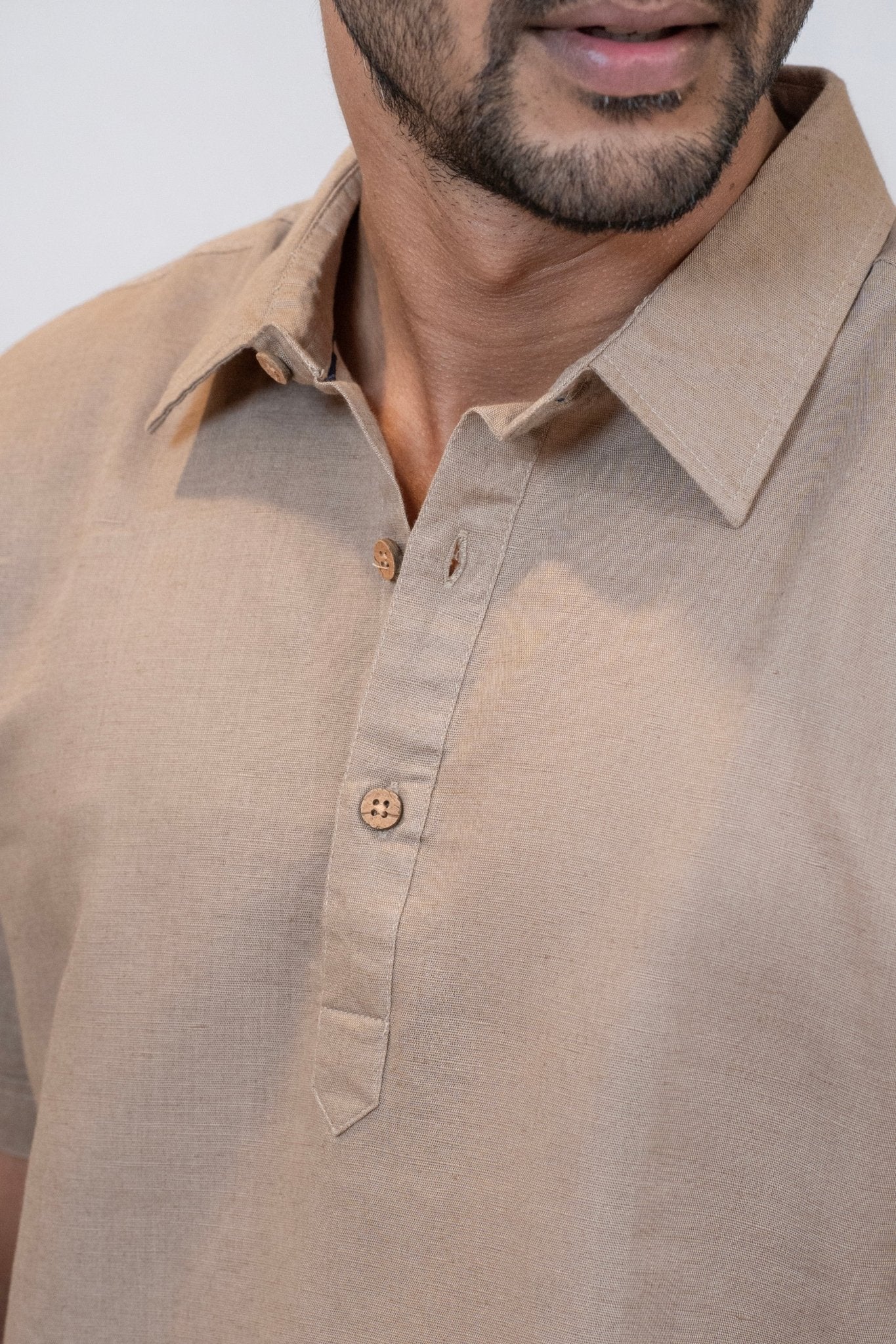 Beige Linen Cotton Classic Half - Sleeved Shirt for Men – Mens Shirt on Brown Living™. SKU: ANTLCCLFBTKS. Img 3.