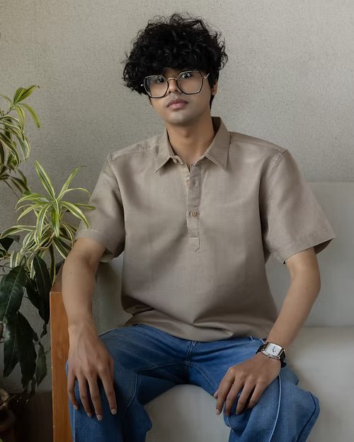 Beige Linen Cotton Classic Half - Sleeved Shirt for Men – Mens Shirt on Brown Living™. SKU: ANTLCCLFBTKS. Img 2.