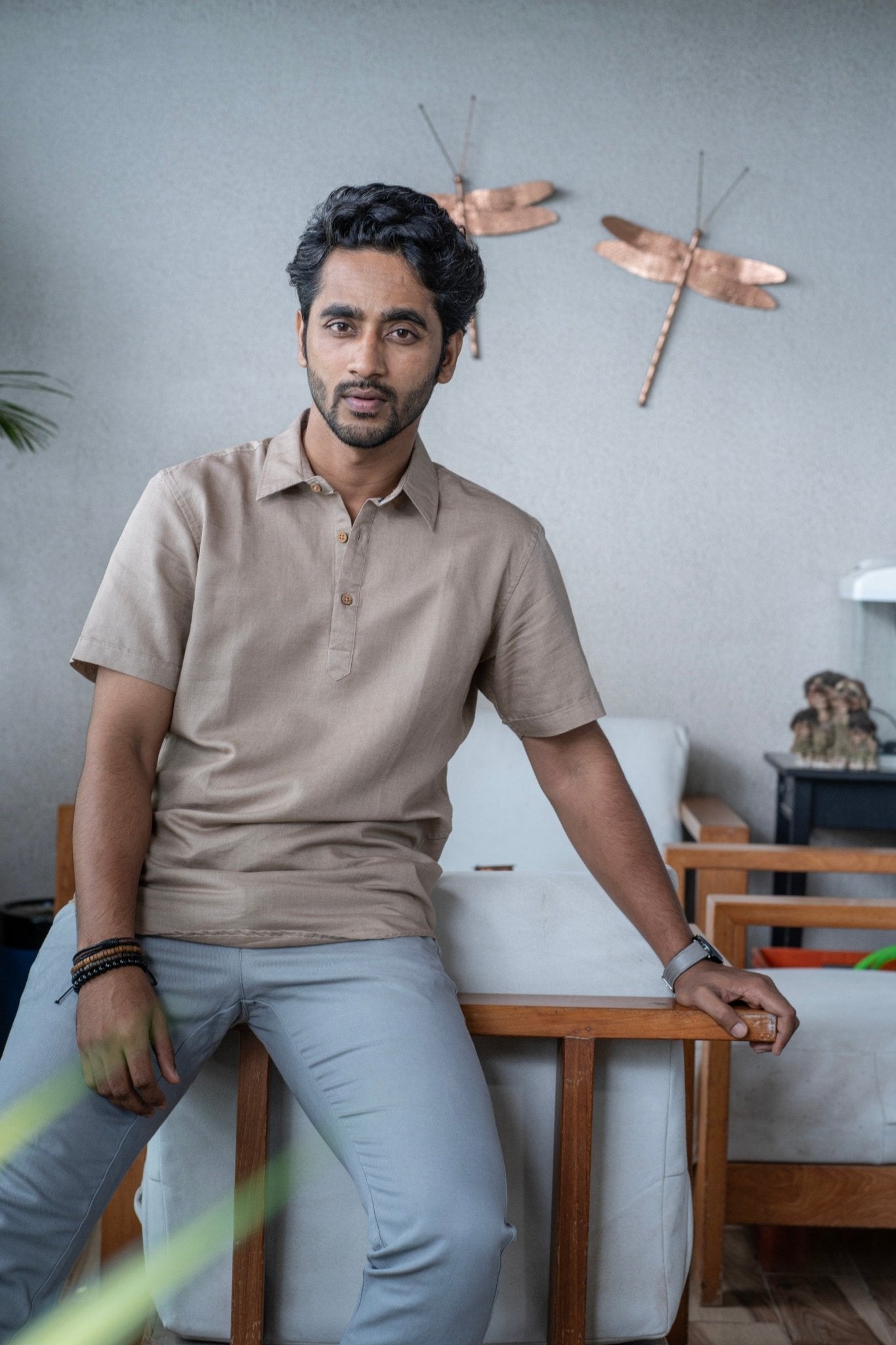 Beige Linen Cotton Classic Half - Sleeved Shirt for Men – Mens Shirt on Brown Living™. SKU: ANTLCCLFBTKS. Img 4.