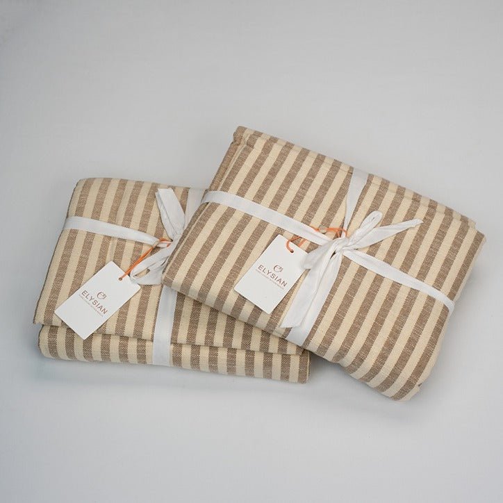 Beige Yarn Dyed Cotton Stripe Curtains | Modern Minimal Window Drapes – Curtains & Drapes on Brown Living™. SKU: el-0113. Img 11.