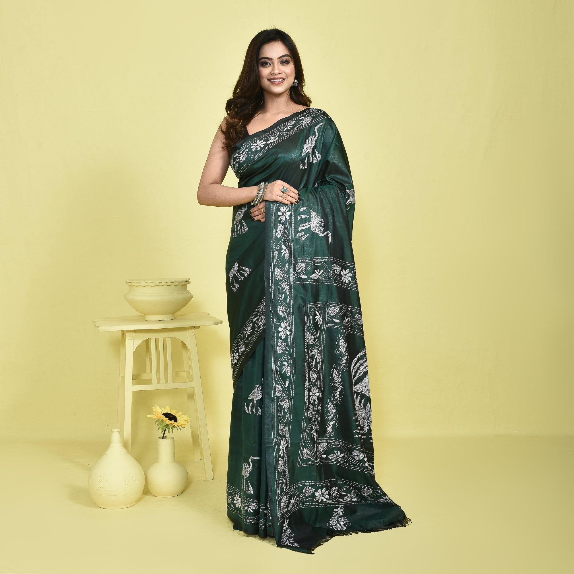 Bengal Semi Silk Kantha Stitch Saree | Hand Embroidered Ethnic Saree – Womens Saree on Brown Living™. SKU: STR-KAN-GRN-07. Img 7.