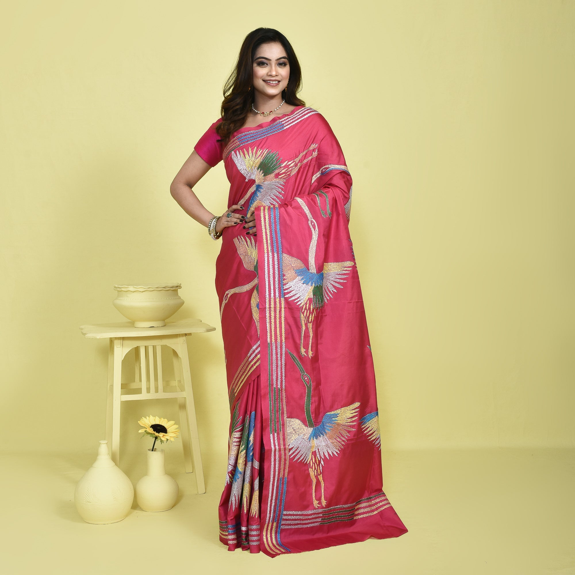 Bengal Semi Silk Kantha Stitch Saree | Hand Embroidered Ethnic Saree – Womens Saree on Brown Living™. SKU: STR-SAR-KAN-PIN-01. Img 1.