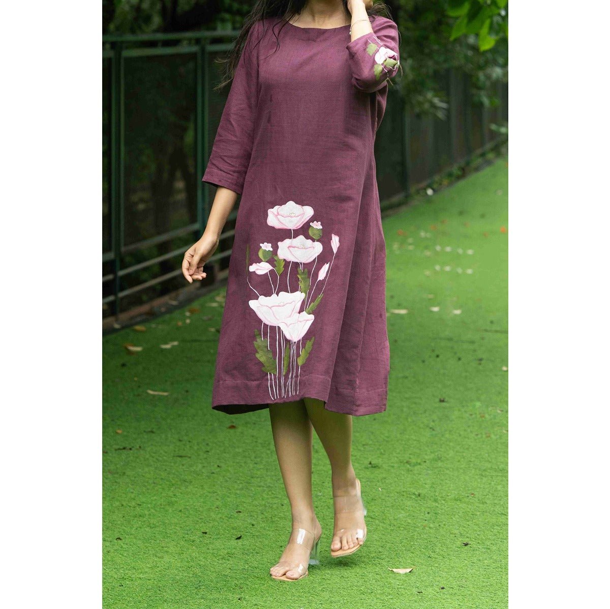 Bhumi Deep Wine Flower Painting Cotton Dress for Women – Womens Dress on Brown Living™. SKU: HD1026XSN. Img 7.