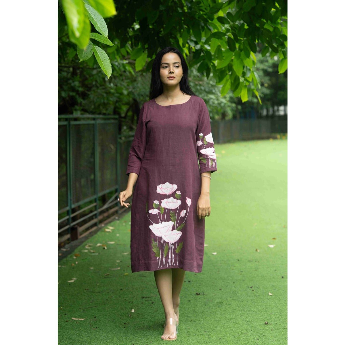Bhumi Deep Wine Flower Painting Cotton Dress for Women – Womens Dress on Brown Living™. SKU: HD1026XSN. Img 1.