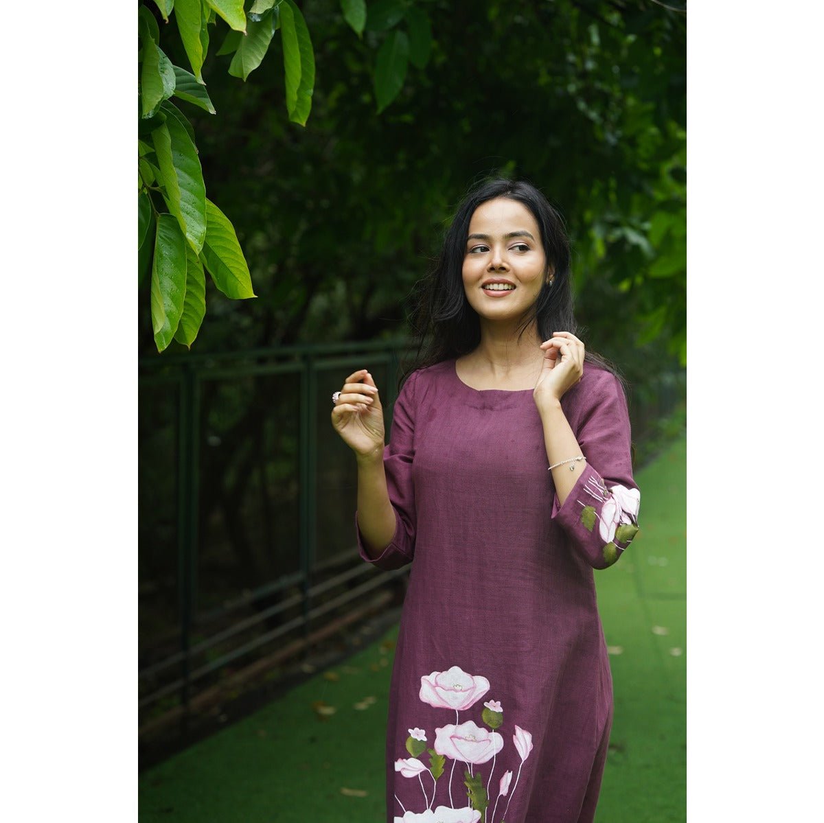Bhumi Deep Wine Flower Painting Cotton Dress for Women – Womens Dress on Brown Living™. SKU: HD1026XSN. Img 4.