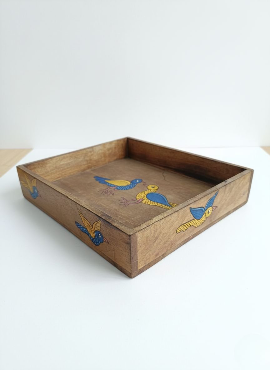 Birds of Freedom Gond Tray - Handpainted Wooden Tray – Trays & Platters on Brown Living™. SKU: GDMPWTLGMC01. Img 4.