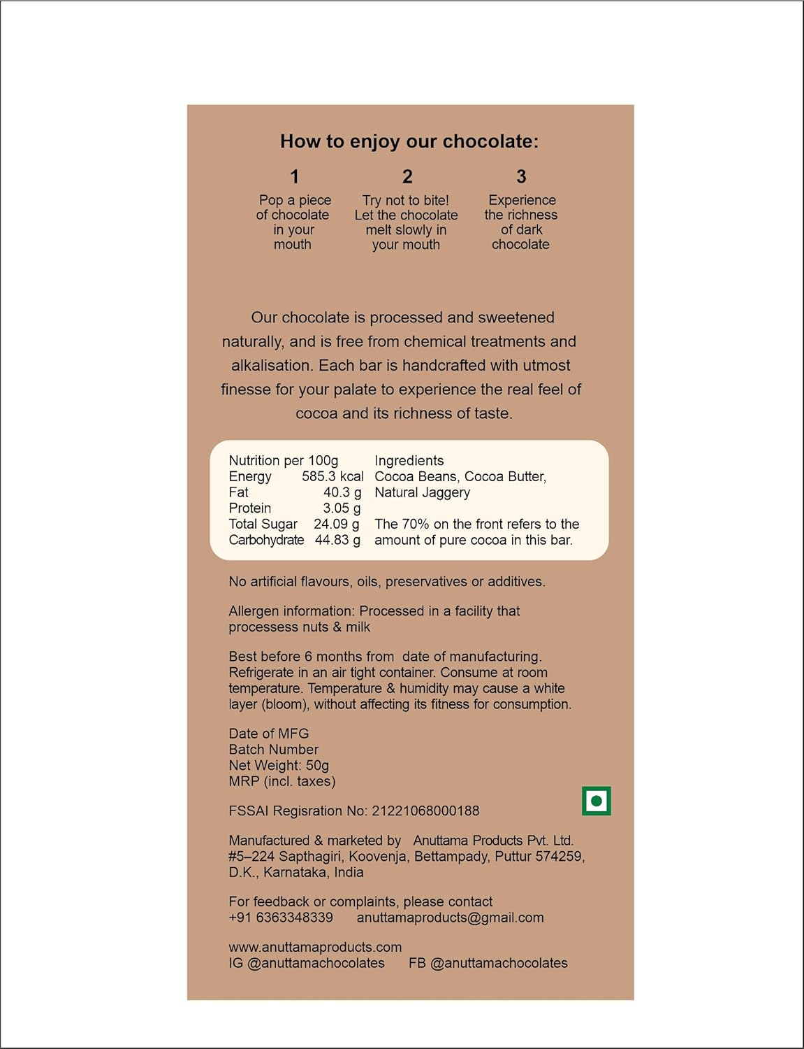 Bitter Sweet 70% Cocoa Chocolate | Dark Chocolate Sweetened With Jaggery – Chocolates on Brown Living™. SKU: 8931500354282. Img 2.