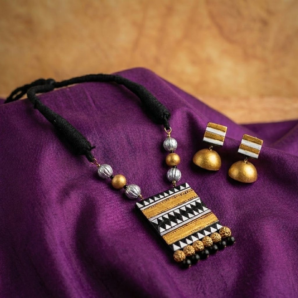 Black And Gold Geometric Pendant Necklace Handmade Ethnic Jewellery – Womens Jewelry Sets on Brown Living™. SKU: KOTT-T003. Img 2.