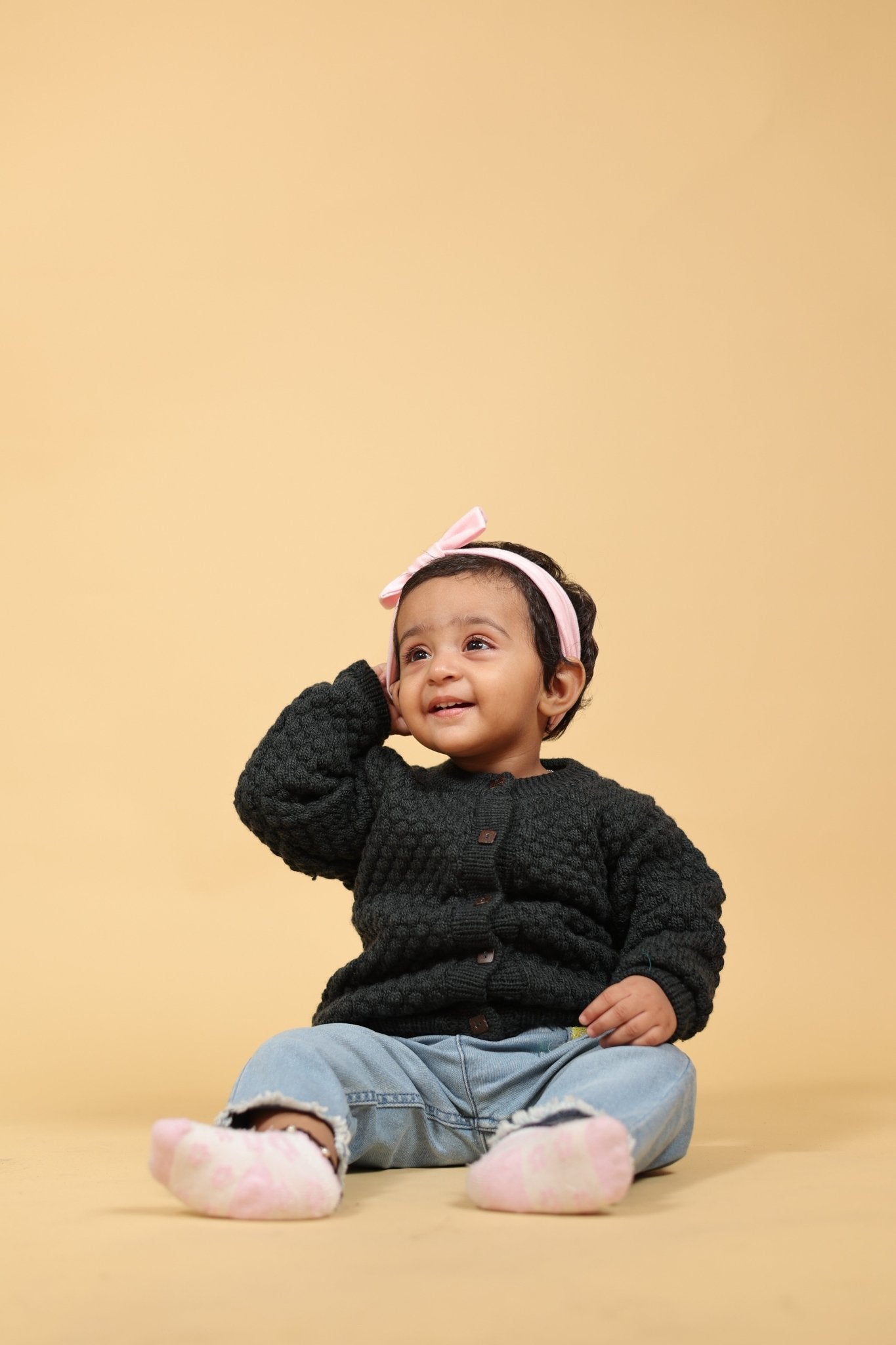 Black Bear Merino Wool Baby Cardigan – Herbal Dyed & Cozy – Kids Daywear Sets on Brown Living™. SKU: BBC01001. Img 3.