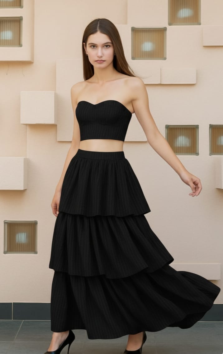 Black Corset & Skirt in Recycled Cotton – Womens Set on Brown Living™. SKU: BL_HOA114. Img 1.